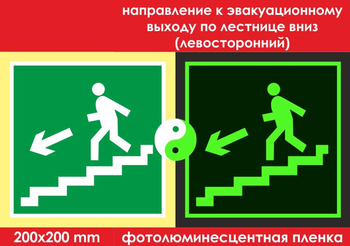 E14 направление к эвакуационному выходу по лестнице вниз (левосторонний)  (ГОСТ 34428-2018,фотолюминесцентная пленка, 200х200 мм) - Знаки безопасности - Фотолюминесцентные знаки - Магазин охраны труда ohranatruda-shop.ru